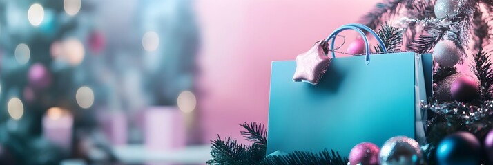 blue shopping package, pastel pink background with christmas decorations. Shopping concept. Sale and discount advertising banner, poster, flyer