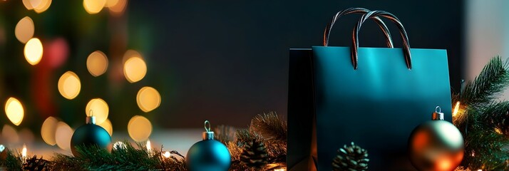 blue shopping package with christmas decorations. Shopping concept. Sale and discount advertising banner, poster, flyer