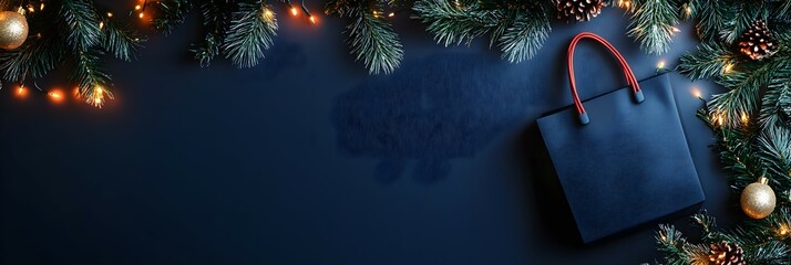 blue shopping package with christmas decorations. Shopping concept. Sale and discount advertising banner, poster, flyer