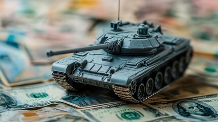 A miniature gray tank model is placed on a bed of US dollars, representing the hefty financial investment in military assets and defense.
