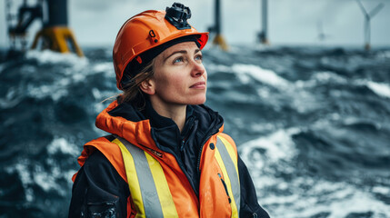female offshore wind turbine technician gazes thoughtfully at horizon, wearing orange hard hat and safety gear. ocean waves crash around her, highlighting challenging work environment