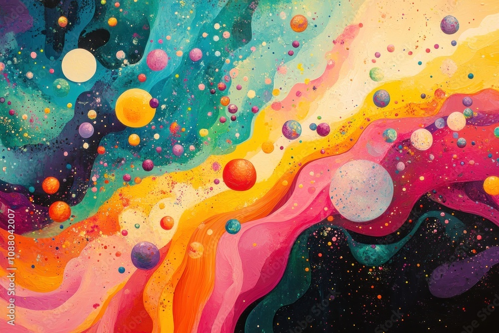 Poster abstract art with colorful swirls and floating orbs on a dark background.