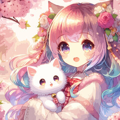 An anime girl cradles a cat, surrounded by blooming cherry blossoms, capturing a serene and whimsical moment in nature.
