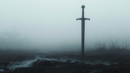 Naklejka premium A silver sword stands upright in a misty field, its hilt gleaming in the faint light, with dry branches and puddles in the foreground.