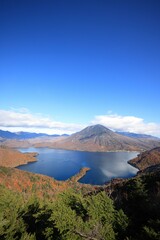 Drone aerial shot of Lake Chuzenji in Nikko