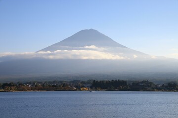 Drone aerial shot of Lake Kawaguchi and Mt. Fuji