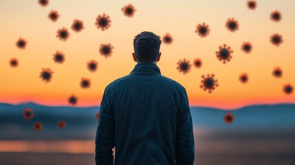 Man facing virus outbreak sunset