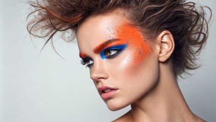 Fototapeta premium This fierce portrait highlights the models creativity with neon orange and blue glitter blending seamlessly on her brows and cheekbones. The dynamic colors reflect her artistic