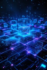 Futuristic Digital Landscape of Glowing Neon Blocks and Data Flow