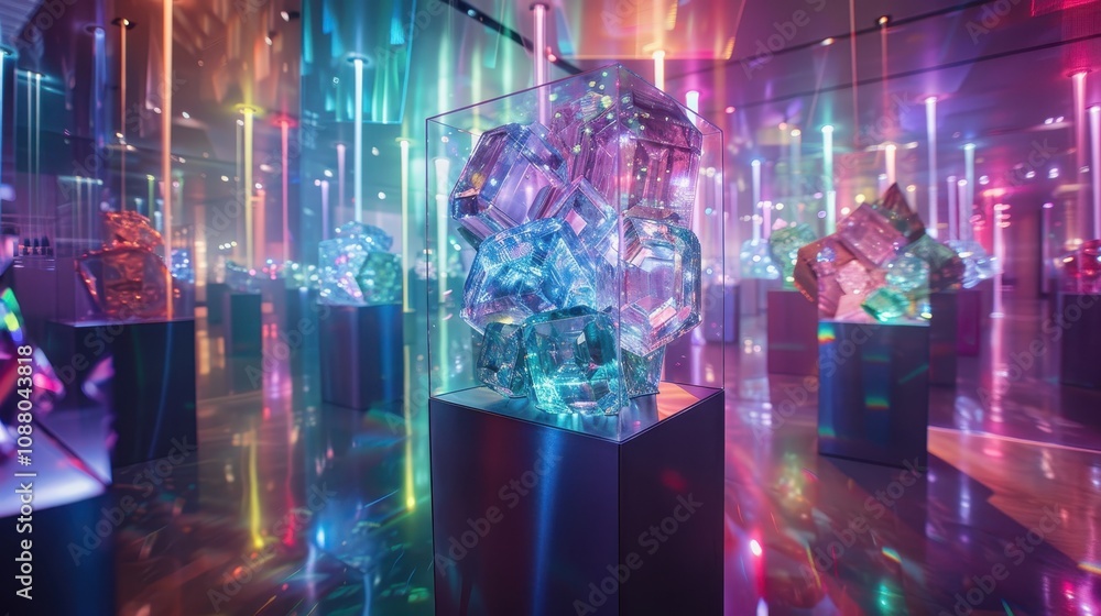 Poster a vibrant art installation featuring colorful light beams reflecting off crystalline structures, cre