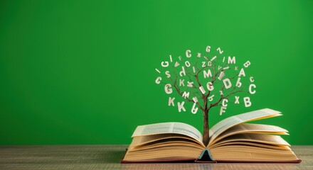 Open book with alphabetical letters forming tree on green background