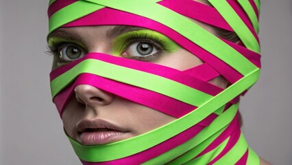 This image presents a closeup of a face enveloped in layered neon stripes of fuchsia and lime green. The colors are arranged in a zigzag pattern wrapping around the eyes and mouth