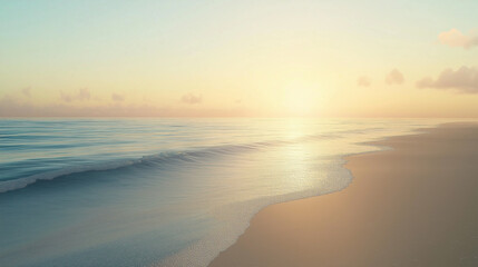Fototapeta premium A tranquil beachscape at dawn, with smooth, untouched sand, gentle ripples forming on the sea, and the horizon glowing softly in pastel hues of morning light.