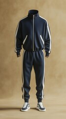 Sharp navy tracksuit with white panel accents on a rich beige backdrop