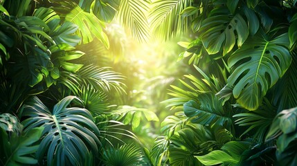 Lush green foliage with sunlight filtering through, creating a serene jungle atmosphere.