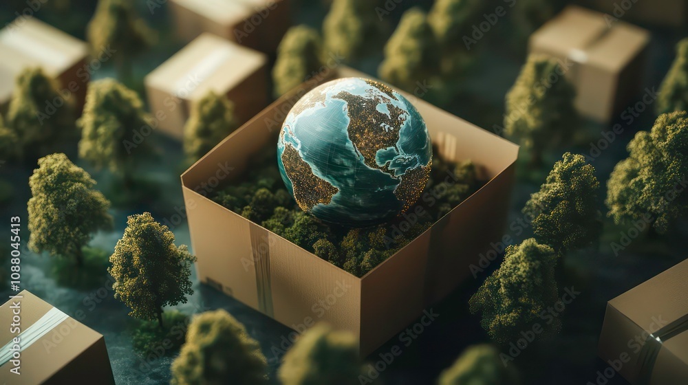 Poster a globe in an open box surrounded by small trees and more boxes, symbolizing environmental care and 