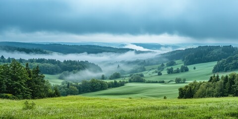 Obraz premium Serene Pastoral View with Clouds and Fog