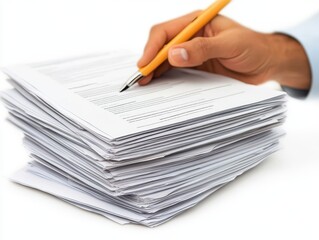Fototapeta premium A hand holding a pen over a stack of documents, symbolizing paperwork and organization.