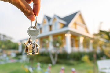 lease, rental and selling home. Real estate agent manager smile holding key for new owner. rent...