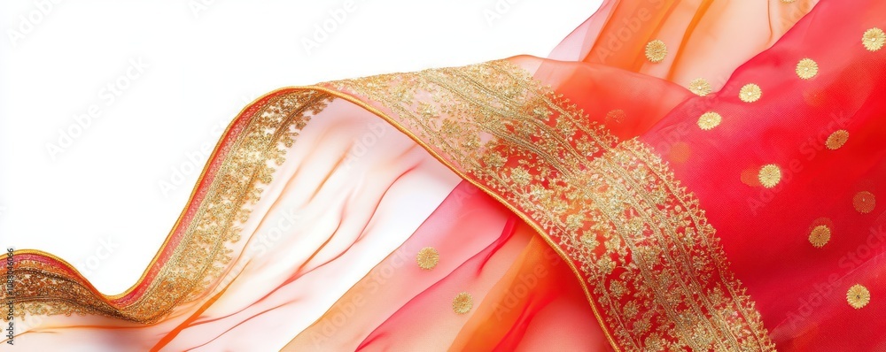 Poster flowing vibrant fabric with golden accents and intricate patterns.
