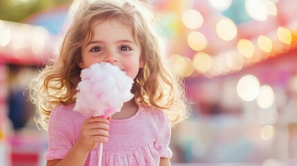 A child at a carnival, eating cotton candy, the bright colors of carnival rides and lights creating a festive background.