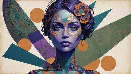 Geometric portrait of a woman with vibrant colors and floral accents