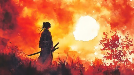 A female samurai warrior with a katana sword stands in a red sunset watercolor painting