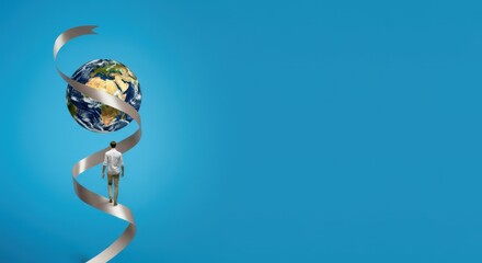 Man walks on ribbon spiraling around Earth against blue background