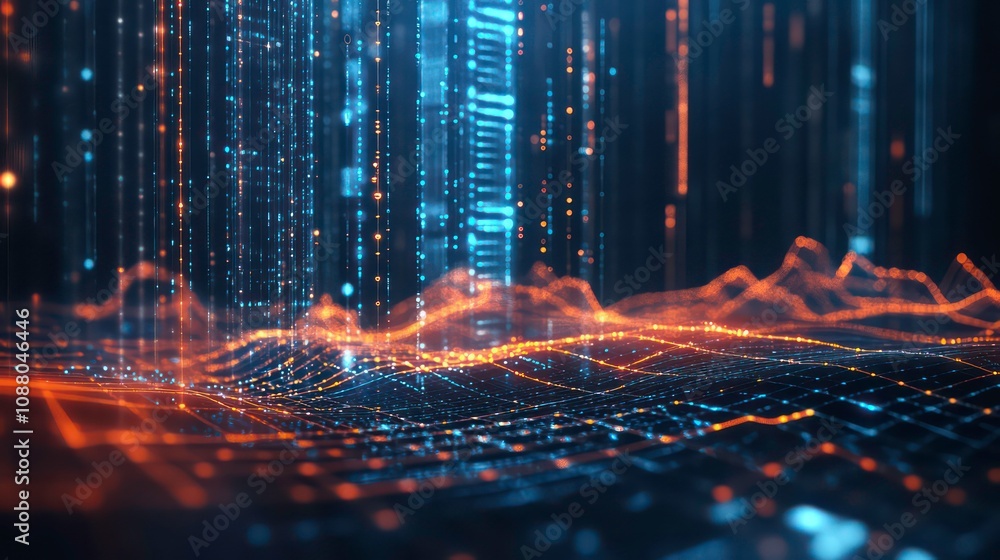 Poster abstract digital landscape with flowing data streams and glowing particles.
