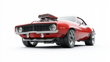A classic American muscle car with a powerful engine, isolated on a white background