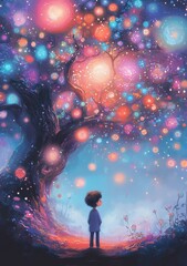 Child gazing at glowing tree under stars	