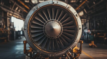 Obraz premium A close-up shot of an airplane engine turbine, with intricate details of the blades, captured on the tarmac with ground crew visible in the background.