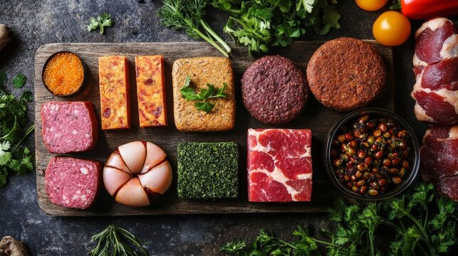 A colorful display of alternative proteins, featuring plant-based burgers, insect protein bars, and cultured meat, all arranged on a rustic wooden board. 