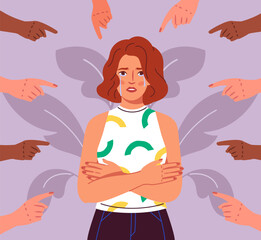 Obraz premium Woman suffer from bullying. Hands point fingers at young girl. Harassment, insults and shaming. Negative feelings and emotions. Depression and frustration. Flat vector illustration