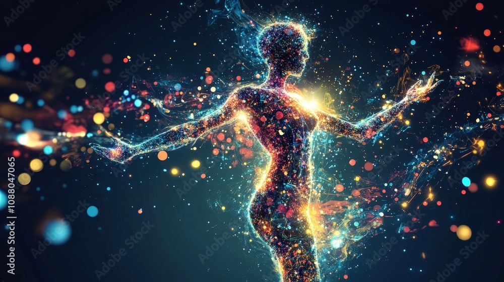 Poster a conceptual image of a human figure composed of data streams, with personalized content such as mus