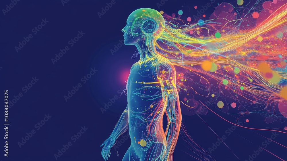 Poster a conceptual image of a human figure composed of data streams, with personalized content such as mus