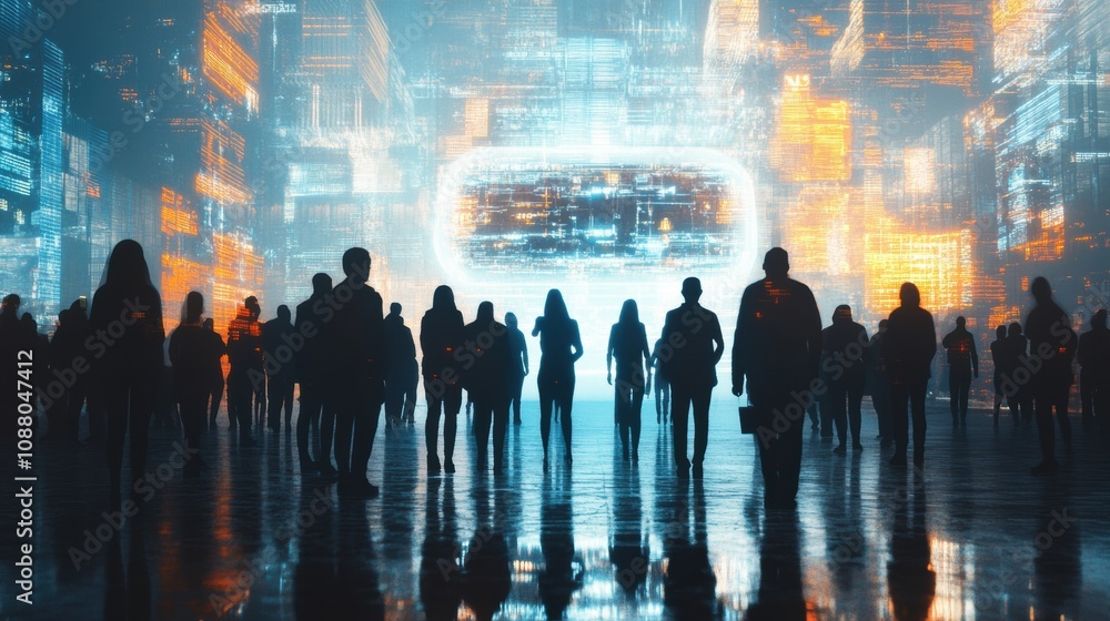 Leinwandbilder a crowd of individuals stands captivated by an abstract ai system glowing in vibrant colors, showcas