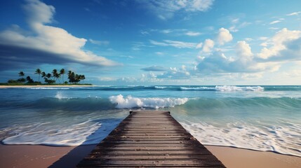 Fototapeta premium Gentle ocean waves lapping at a tropical beach with a wooden pier extending into the water