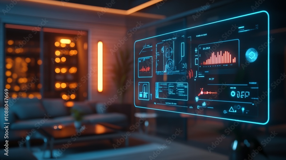 Poster a digital dashboard showcasing a user's personalized ai settings for home automation, including ligh