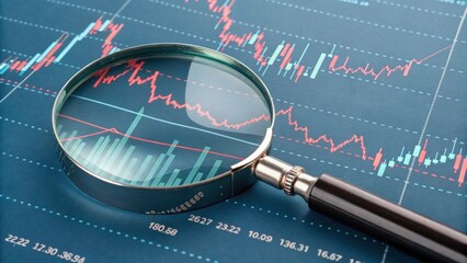Magnifying Glass A magnifying glass hovering over a declining stock chart representing the investors need to scrutinize market conditions during volatile times.