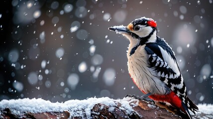 Obraz premium Great spotted woodpecker perched on snowy branch during snowfall.