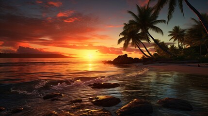 Sunset over a tropical beach with calm ocean waves and boats anchored offshore