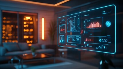 Fototapeta premium A digital dashboard showcasing a user's personalized AI settings for home automation, including lighting, music, and temperature, glowing brightly.