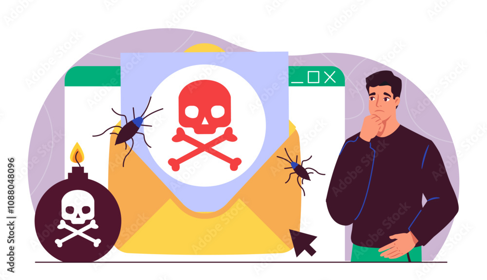 Poster man with botnet attack. young guy near envelope with insects. privacy and security. danger on intern