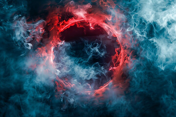 Smoke exploding outward from circular empty center, dramatic smoke or fog effect with red scary glowing for spooky Halloween background.