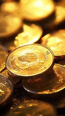 Stack of gold coins with warm lighting	