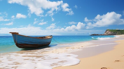 Obraz premium Ocean waves lapping at a tropical beach with a small fishing boat anchored offshore