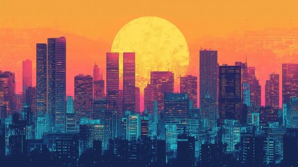 Fototapeta premium Vibrant sunset over a city skyline with a large, orange moon.