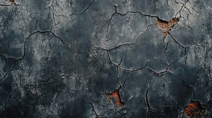 a banner with the texture of a cracked grunge concrete wall covered with an abstract network of cracks, dark gray tinting with terracotta inclusions