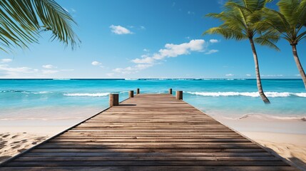 Fototapeta premium Gentle ocean waves lapping at a tropical beach with a wooden boardwalk